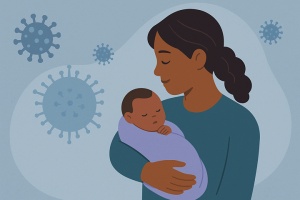 Parent holding infant at clinic during RSV season; headline overlay reads “RSV: What It Is, History, and Who’s Most at Risk.